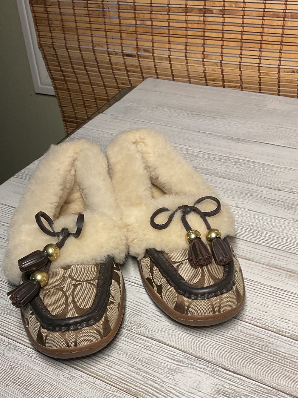 Coach Brown Signature Monogram Shearling Moccasins